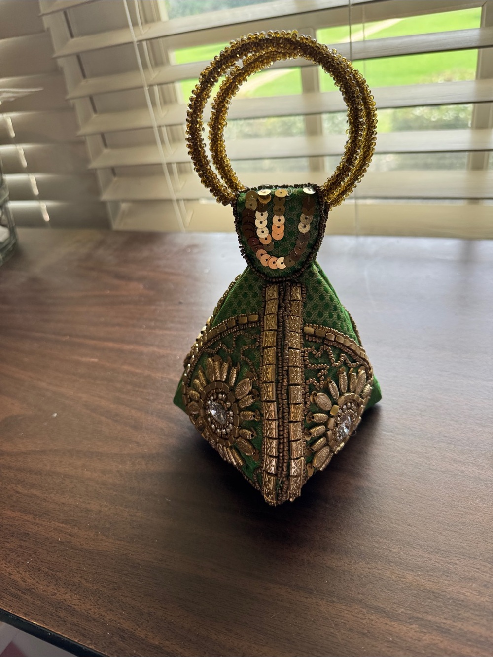 Embellished Green Evening Potli Bag with Gold Accents - Picture 2 of 4